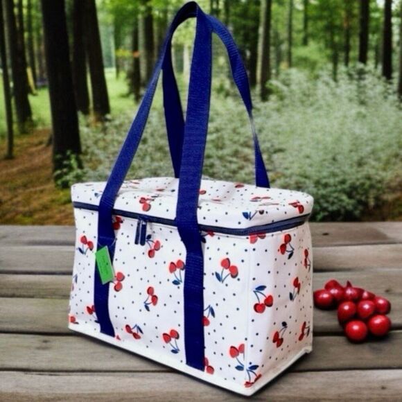 NWT Gorgeous Kate Spade White blue Red Cherries Print Large insulated cooler Bag - Picture 1 of 16